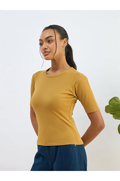 Sassafras By Styli Women Khaki Ribbed Short Sleeves Top