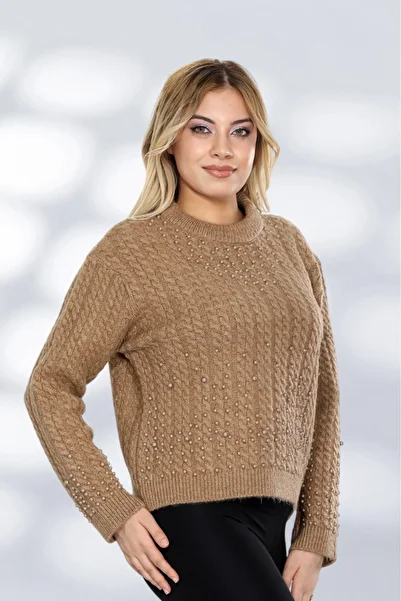 NEWCO Pearl Detailed Knitted Patterned Loose Knitwear Sweater Crew Neck Comfortable Fit Stylish Daily Model