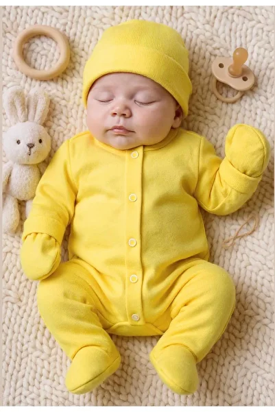 Lumos Trade Unisex Baby 100% Cotton Patternless Beanie Gloves Booties Jumpsuit Set - Yellow Color