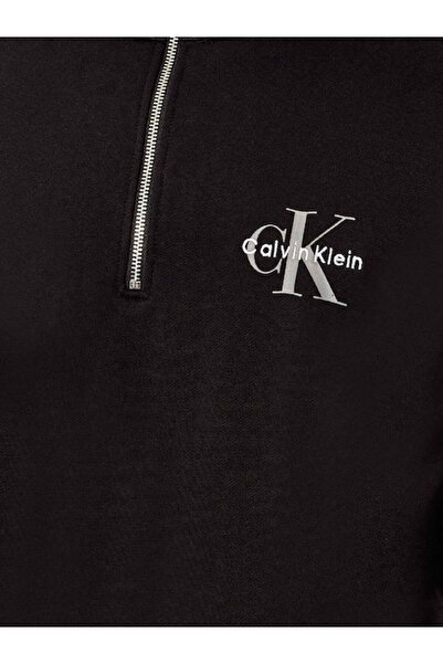 Calvin Klein Erkek Rahat Kalıp %100 Pamuklu Göğüste CK Logolu Yarım Fermuarlı Siyah Sweatshirt LV04RD244G-UB1