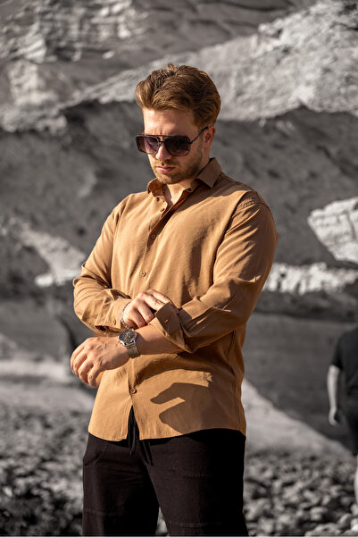 COMBİNE MİCHAİL Мъжка лятна риза с дълги ръкави, кафява, широка