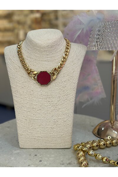 Özgü balı accessorize Özgü Balı Bordo Doğal Taşlı Zincir Çelik Kolye