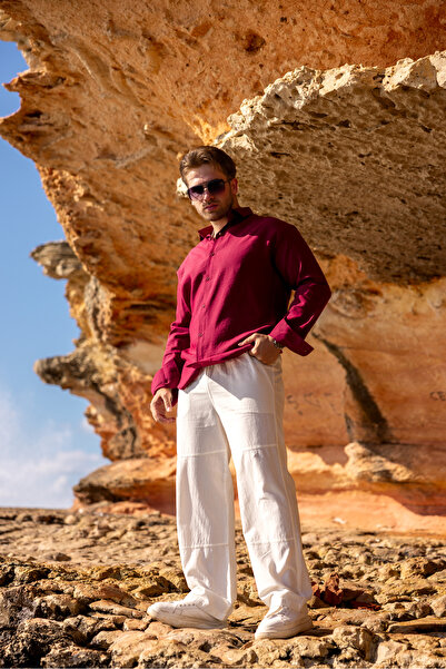 COMBİNE MİCHAİL Men's Long Sleeve Summer Basic Burgundy Loose Shirt