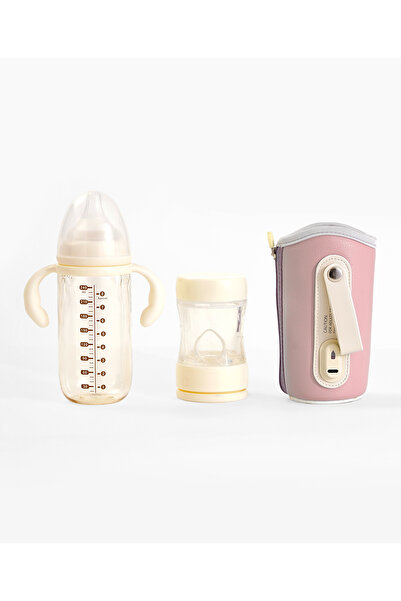 Babyhug 6-in-1 Feeding Bottle Set for 6+ Months, Pink 240mL with Powder Box & USB Bottle Warmer