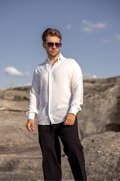 COMBİNE MİCHAİL Men's Long Sleeve Summer Basic White Loose Shirt