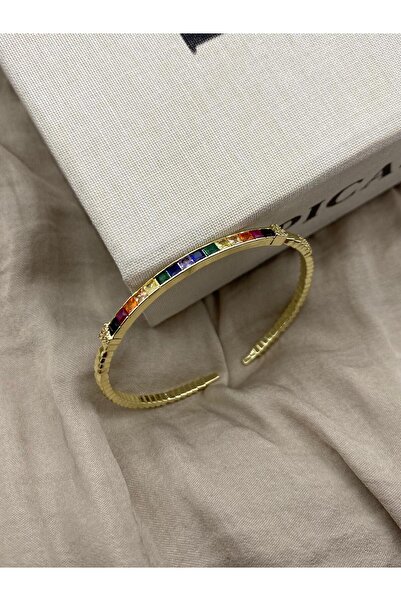 Hedef Bijuteri 14K Gold Üzeri Renkli Baget Taşlı Detay Kelepçe Bileklik