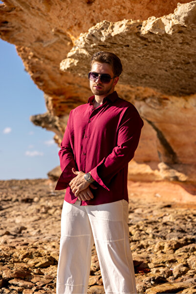 COMBİNE MİCHAİL Men's Long Sleeve Summer Basic Burgundy Loose Shirt