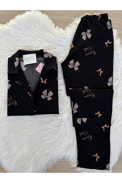 Pijamacs Black Bow Patterned Suede Shirt Collar Long Sleeve Pajama Set