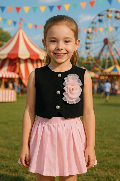 Yerel Üretici سترة سوداء بدون أكمام وتنورة وردية