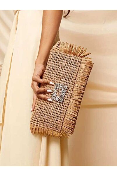 ÇANTA Crystal Decorated Women's Paper Woven Tassel Detailed Straw Portfolio Hand Bag Women's Makeup Bag
