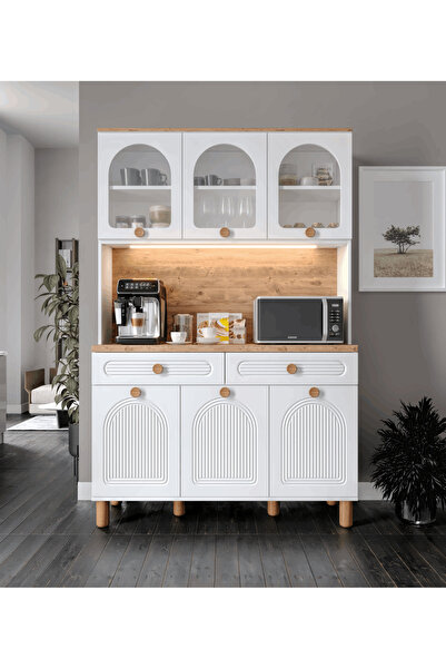 GuneyStore Rosa Kahve Köşesi - 140 cm MDF Mutfak Dolabı - LED Aydınlatmalı - Ücretsiz Montaj