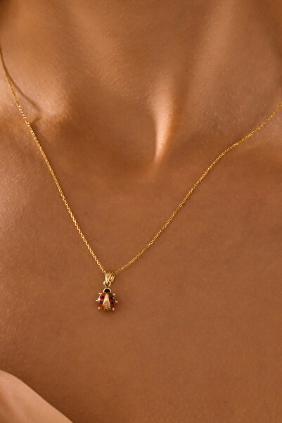 VeraDesignGold Altın Uğur Böceği Kolye Kırmızı Uğur Böceği Detaylı Zarif Altın Kolye-14 Ayar Altın Kolye