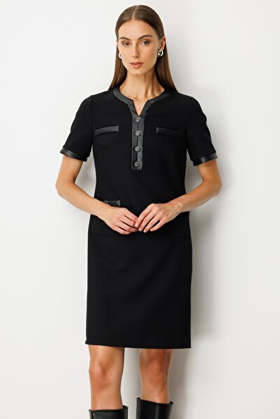 Ekol Deri Detaylı Midi Elbise 4083-25k Siyah