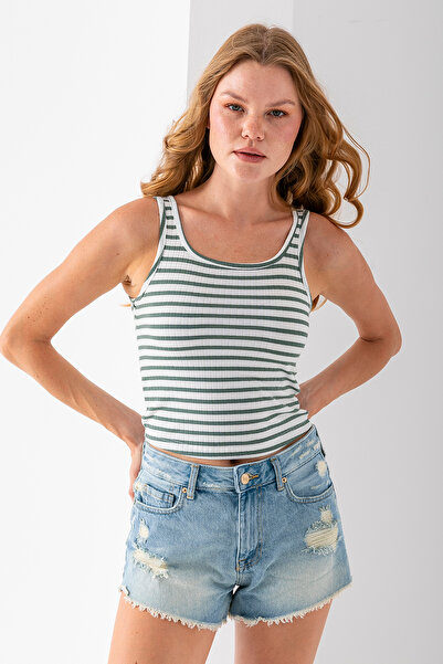 GİYSA Women's Strap U Neck Striped Basic Undershirt Green - 25603