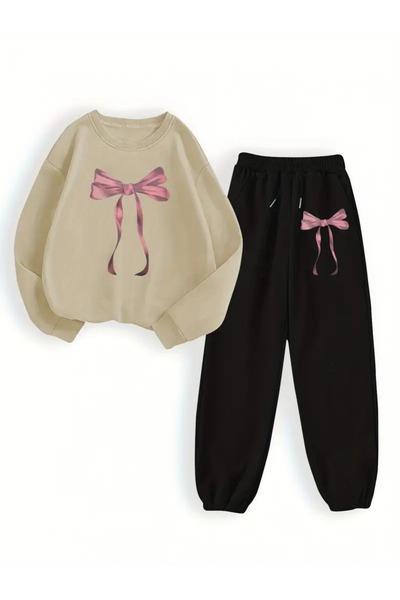 QUEENSTOWN Women's Chest Ribbon Printed Oversize Crew Neck Tracksuit Set