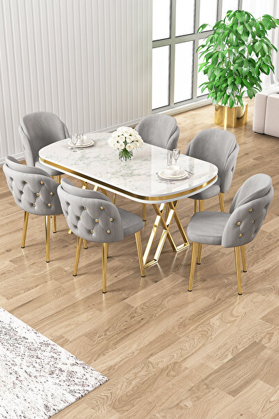 Canisa Ela Serisi Lak Panel Beyaz Mermer Desen Gold Ayak Mutfak Masa Takımı 6 Siyah Sandalye