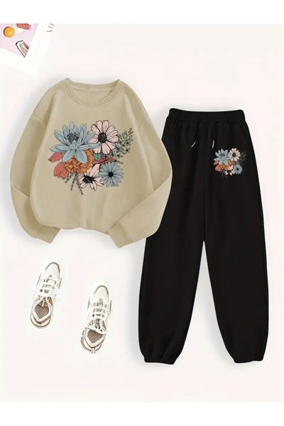 QUEENSTOWN Women's Chest Floral Printed Oversize Crew Neck Tracksuit Set