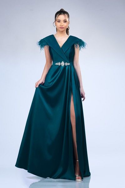 OPHIRA Long Evening Dress Turquoise Teal Made from Satin Taffeta with Feathers