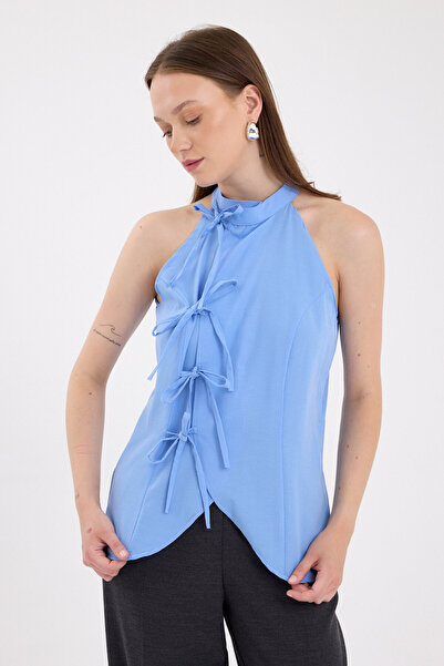 Rays Μπλε μπλούζα με λαιμόκοψη με λεπτομέρεια με δέσιμο μπροστά 8094A