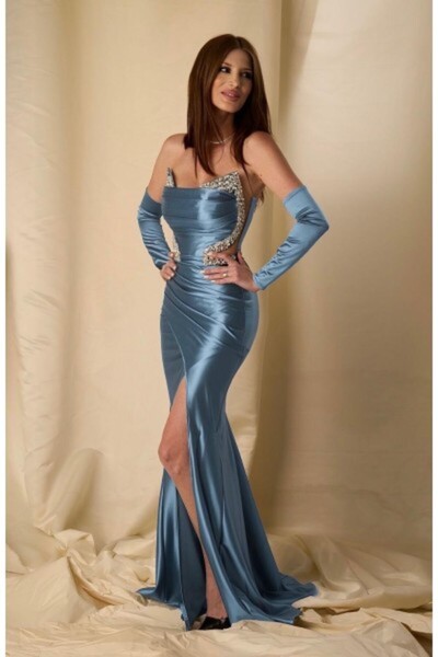 OPHIRA Long Evening Mermaid Dress in Blue with Slit and Applied Stones