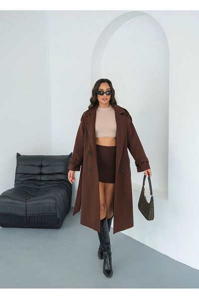 Le Savu Shilsee Women's Brown Double-Collar Belted Apollet Pocketed Coat