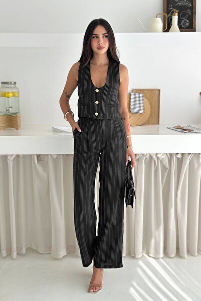 AsprinFashion بدلة سترة قماش مخططة باللون الأسود