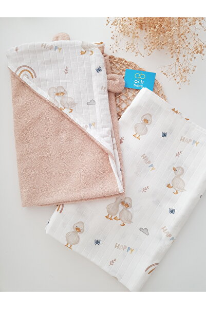 BEIGE DUCK BABY Bath Towel Set | Muslin Blanket + Hooded Cotton Towel | Newborn | Plus Baby