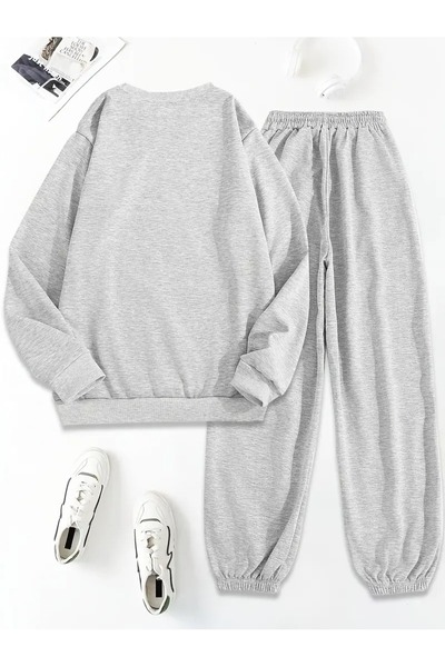QUEENSTOWN Women's Chest Heart Printed Oversize Crew Neck Tracksuit Set