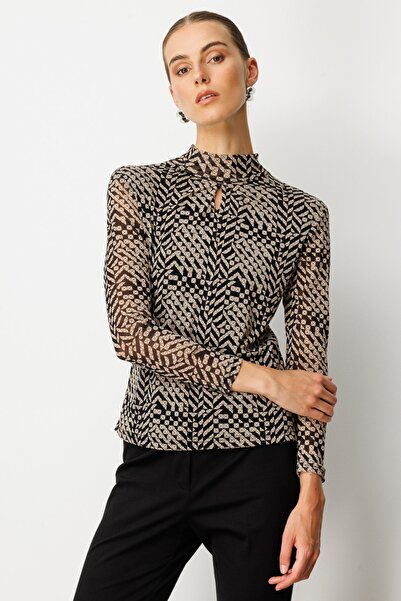 Genel Markalar Desenli Pencere Detaylı Şifon Bluz Bej-60381