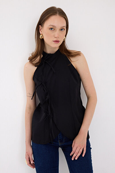 Rays Μαύρη μπλούζα με λαιμόκοψη με λεπτομέρεια με δέσιμο μπροστά 8094A