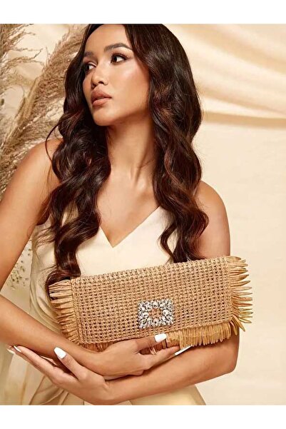 ÇANTA Crystal Decorated Women's Paper Woven Tassel Detailed Straw Portfolio Hand Bag Women's Makeup Bag