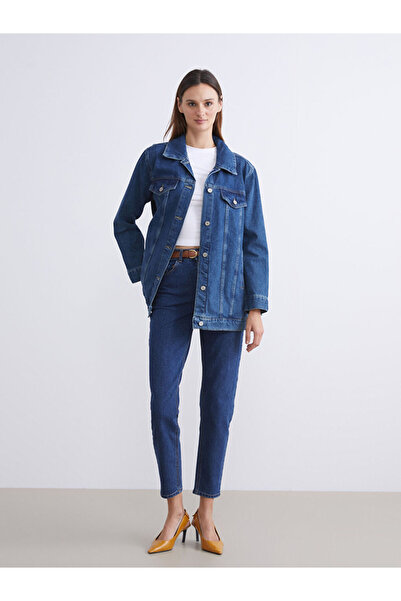 LC Waikiki بنطلون جينز نسائي من Mom Fit مع حزام خصر نيلي