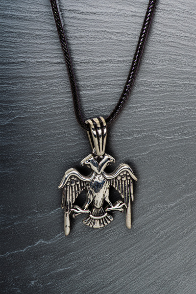 OSMANLI GÜMÜŞ Erkek Gümüş Kolye Ucu - Çift Başlı Selçuklu Kartalı Oksitli Model Deri Kolyeli 925 Ayar Gümüş