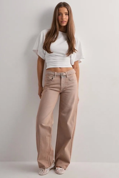 VibeGaia Beige Vintage Baggy Jean Stretch Five Pocket Trousers