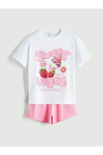 LC Waikiki New Season Crew Neck Girls' Shorts Pajama Set - S5Rh87Z4