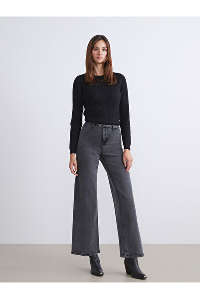 LC Waikiki Black Wideleg Women's Jean Trousers with Belt