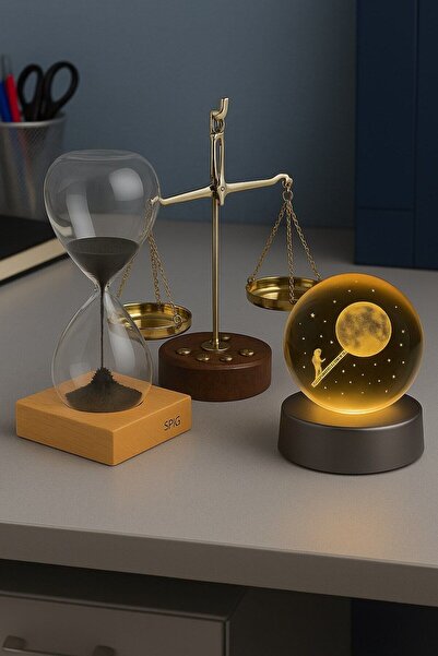 Lexi Bella 3’lü Masaüstü Dekorasyonu Aya Tırmanan Astronot Figürlü Led Işıklı Küre Adalet Terazisi ve Kum Saati