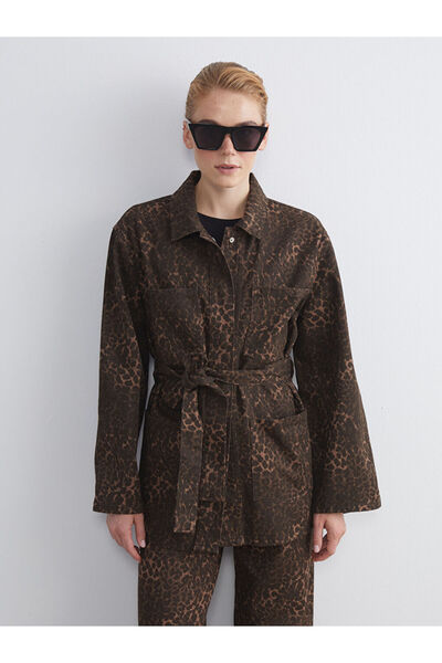 LC Waikiki Kahverengi Gömlek Yaka Leopar Desenli Kadın Jean Ceket