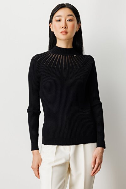 ON Pulover din tricot cu guler ridicat din tul cu material reiat