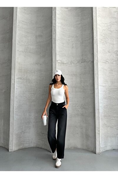FERZOLAİO High Waist Wide Leg Anthracite Jean Trousers