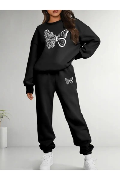 QUEENSTOWN Women's Chest Butterfly Printed Oversize Crew Neck Tracksuit Set