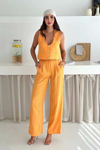 AsprinFashion Striped Fabric Vest Suit Orange