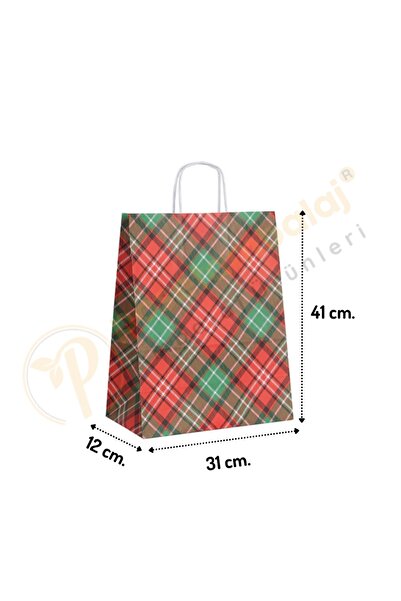 CarpCorn Ekose Desen Kraft Çanta Büyük Boy 31x12x41 cm 25 Adet