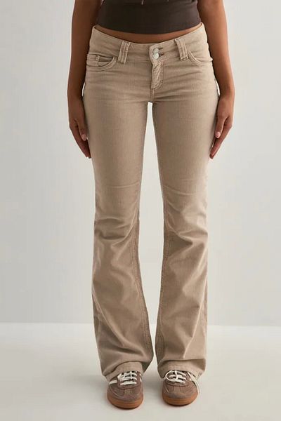 VibeGaia Beige Low Waist Spanish Leg Velvet Double Stitched Flare Pants