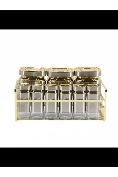 rexa مجموعة من مرطبانات التوابل الزجاجية المربعة بإطار فضي ذهبي، 9 قطع، مع حامل ذهبي فولاذي.