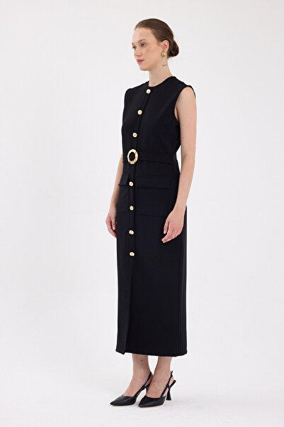 Rays Siyah Gold Düğme Detaylı Kemerli Midi Elbise 8085A