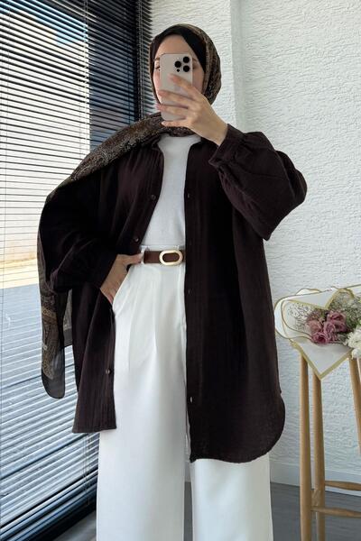 MELEK ARAZ Oversized Muslin Tunic with Buttons – Bitter Brown