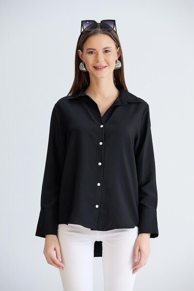 Sortie Women's Black Color Long Sleeve Relaxed Fit Midi Length Front Short Back Long Cuffed Linen Shirt