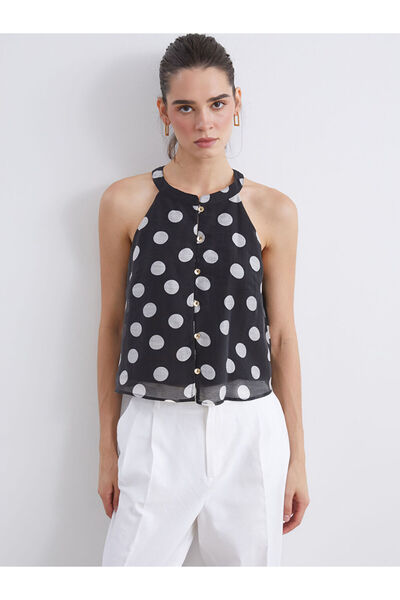 LC Waikiki Black Halter Neck Polka Dot Blouse