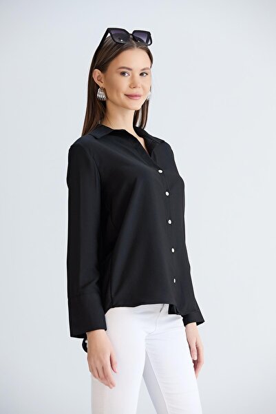 Sortie Women's Black Color Long Sleeve Relaxed Fit Midi Length Front Short Back Long Cuffed Linen Shirt
